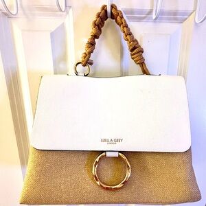 Luella Grey London rope top handle shoulder handbag tan & white faux leather